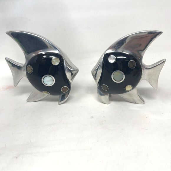 Vintage Silver & Black Metal Pair Fish Figurines With Inlaid Stone Abalone *RARE - Picture 7 of 11